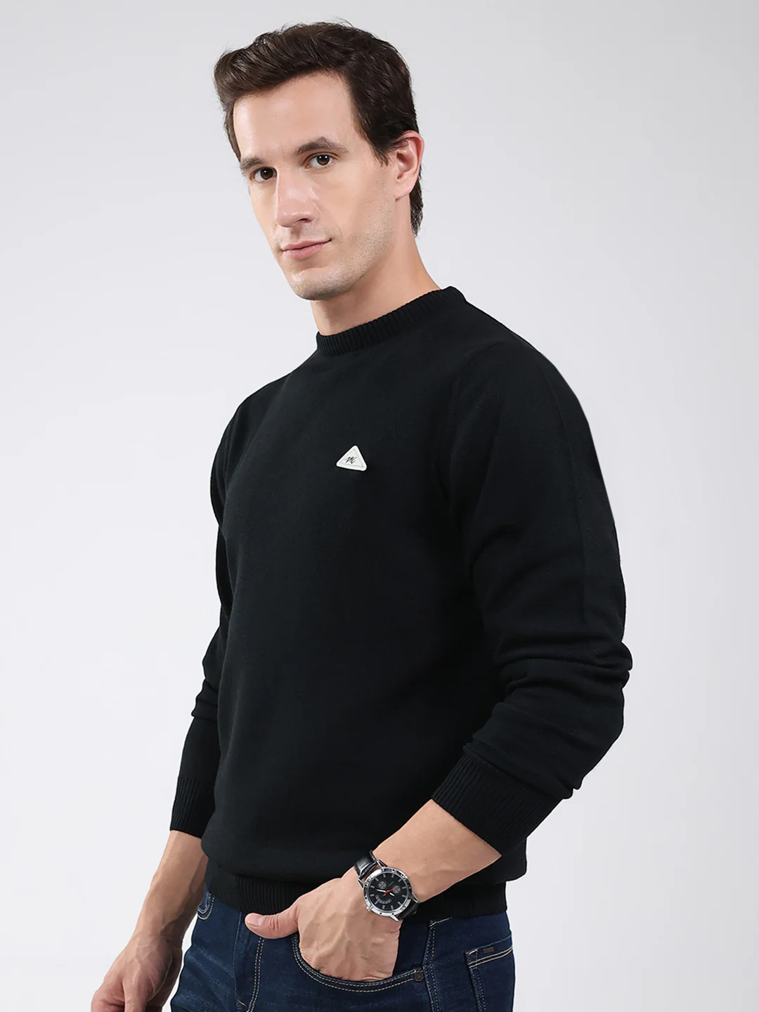 Men Black Solid Round Neck Full Sleeve Pullover - Image 3