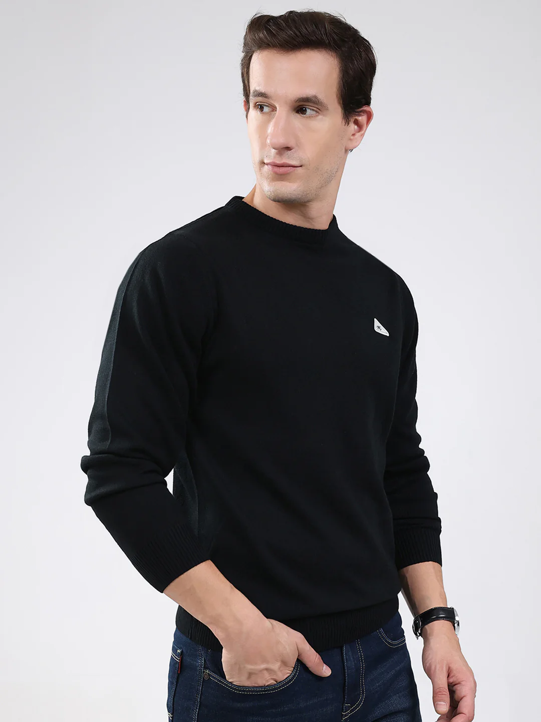 Men Black Solid Round Neck Full Sleeve Pullover - Image 4
