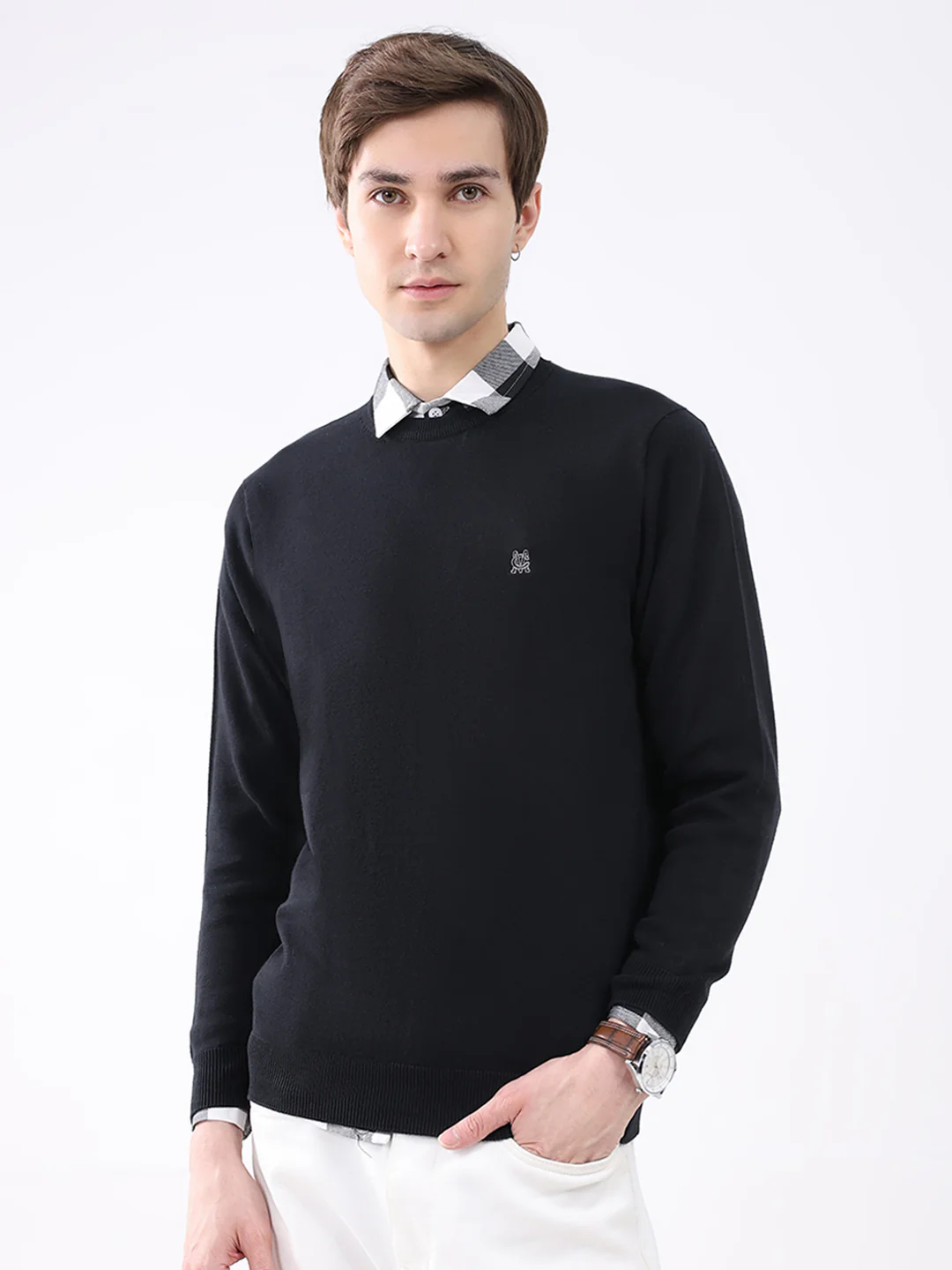 Men Black Solid Round Neck Full Sleeve Pullover