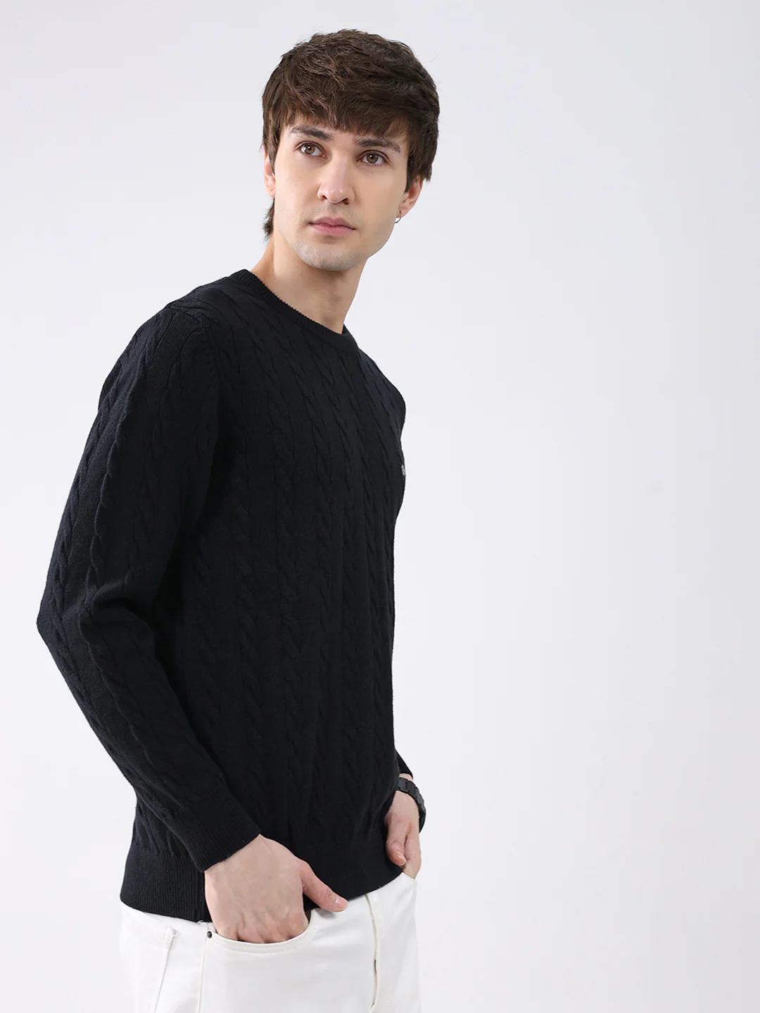 Men Black Solid Round Neck Full Sleeve Pullover - Image 4