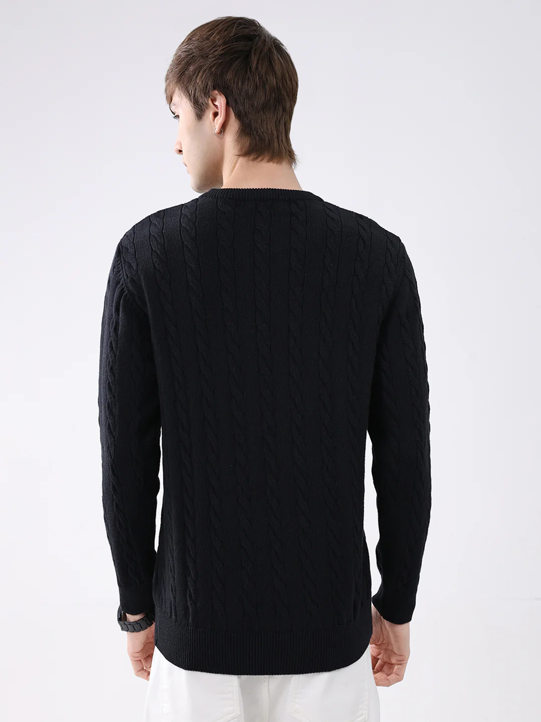 Men Black Solid Round Neck Full Sleeve Pullover - Image 5