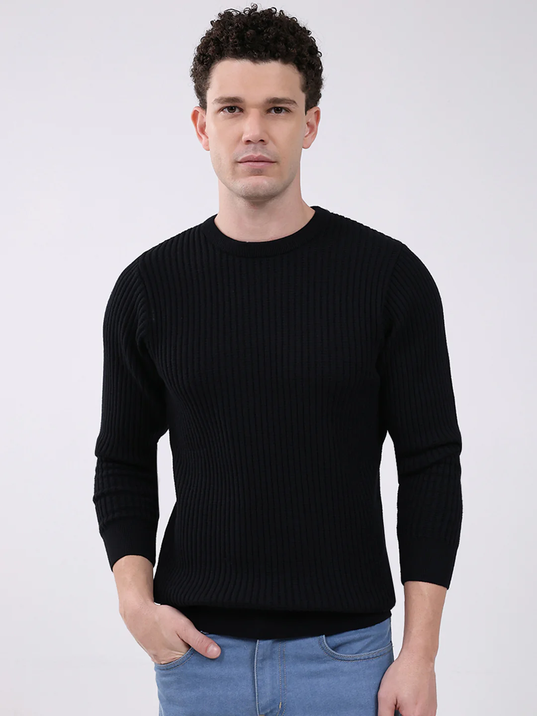 Men Black Solid Round Neck Full Sleeve Pullover