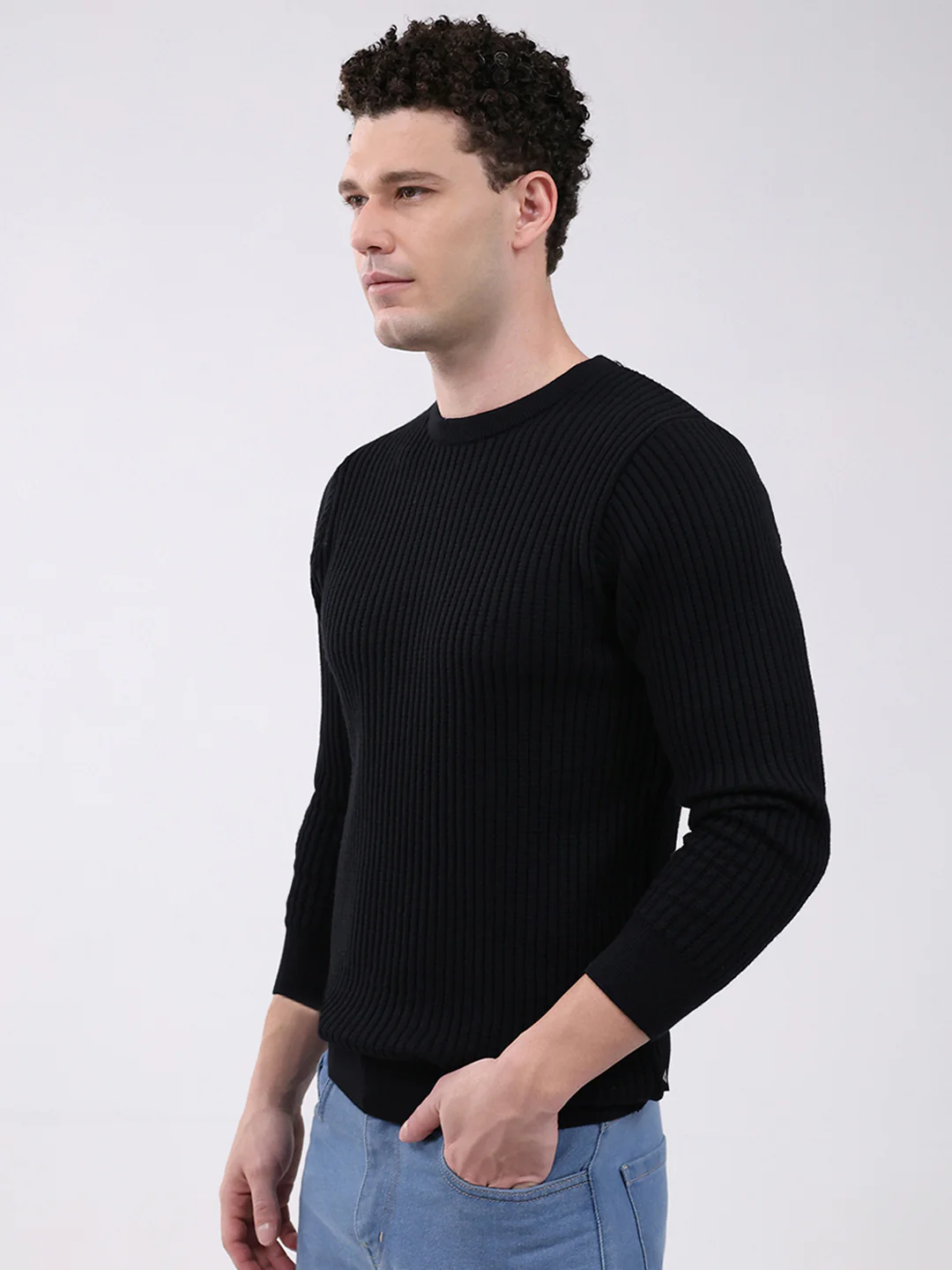 Men Black Solid Round Neck Full Sleeve Pullover - Image 3