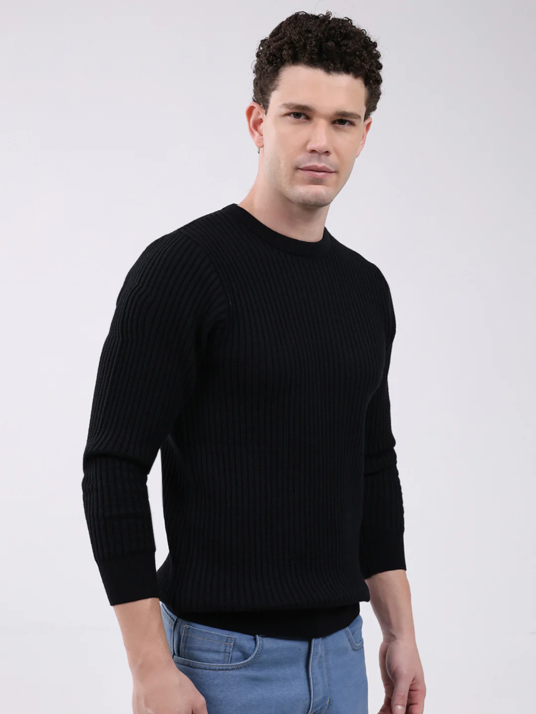 Men Black Solid Round Neck Full Sleeve Pullover - Image 4