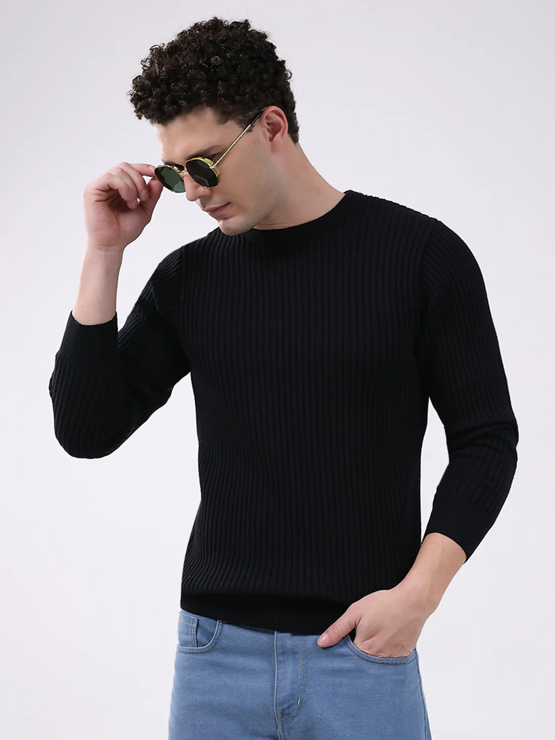 Men Black Solid Round Neck Full Sleeve Pullover - Image 6