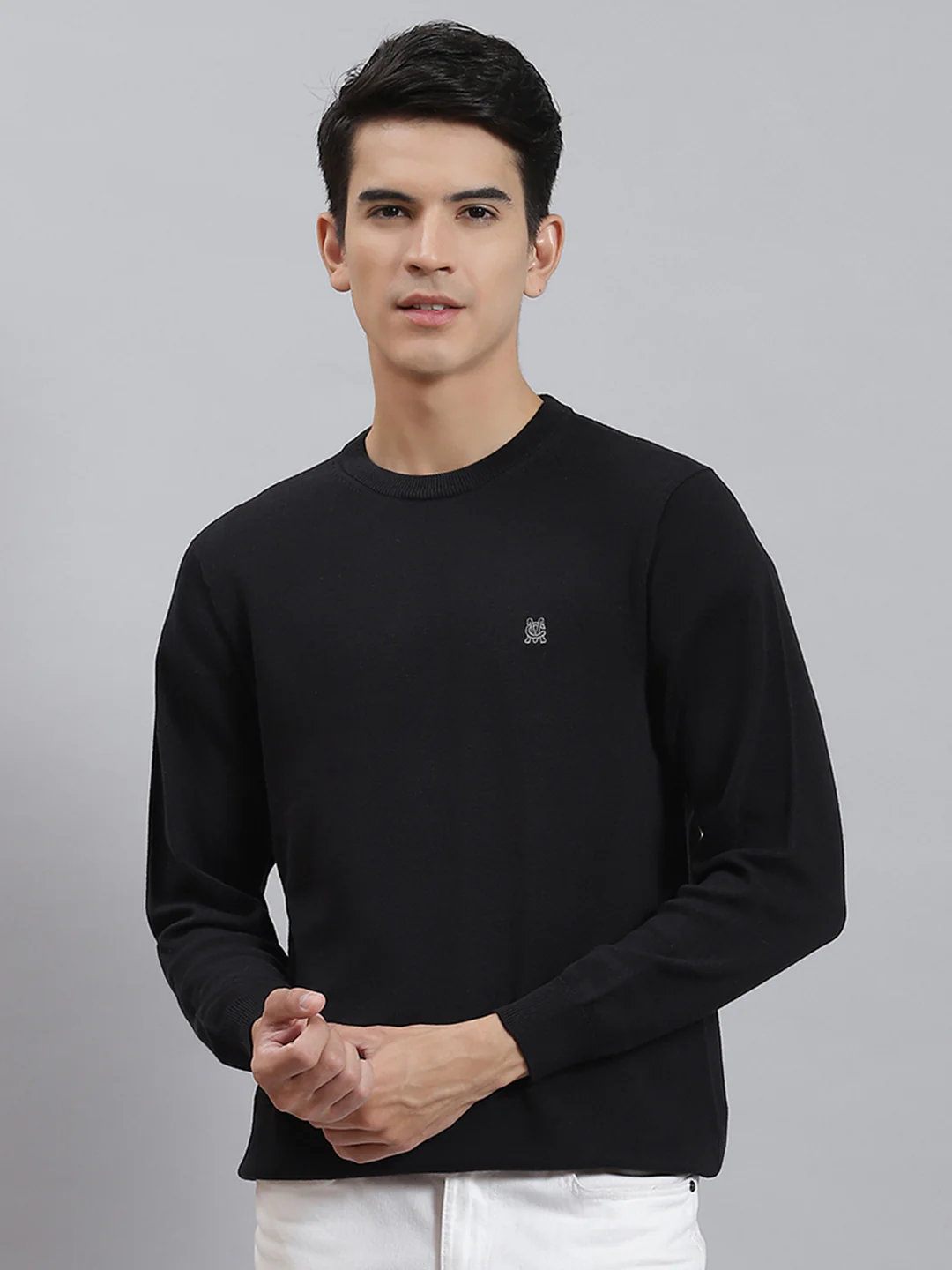 Men Black Solid Round Neck Full Sleeve Sweaters/Pullovers - Image 2