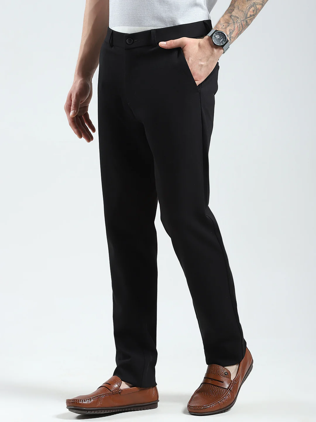 Men Black Solid Slim Fit Trouser - Image 3
