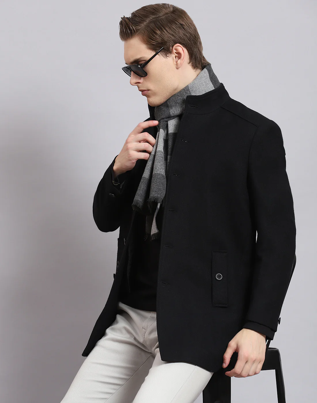 Men Black Solid Stand Collar Full Sleeve Coat - Image 2