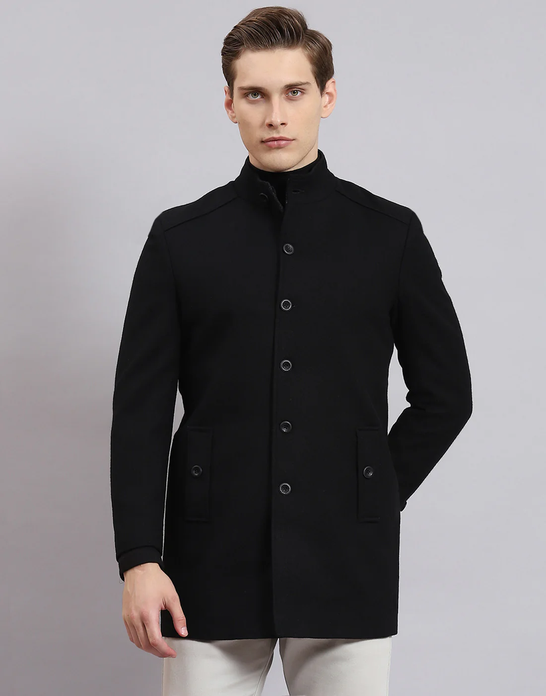 Men Black Solid Stand Collar Full Sleeve Coat - Image 3