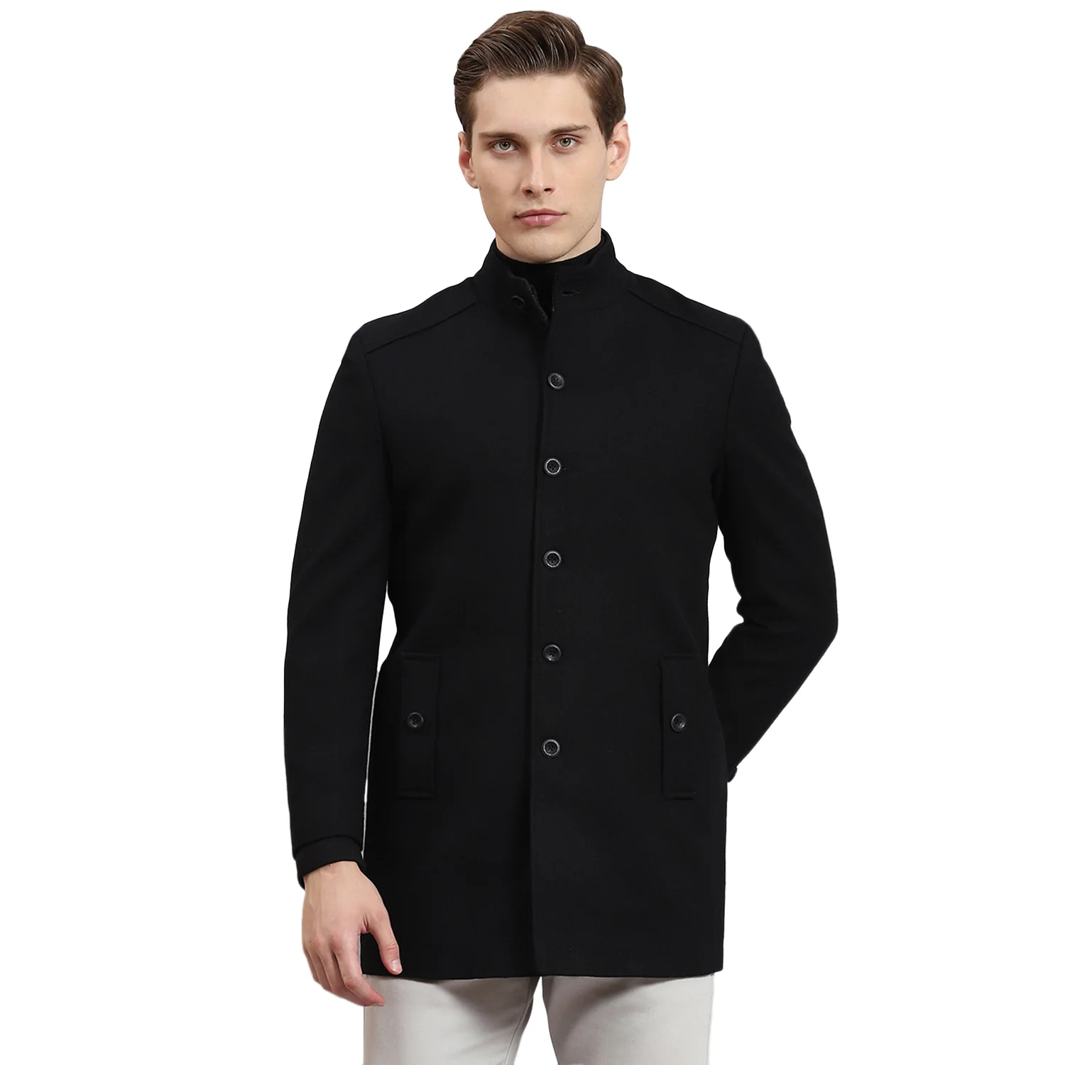 Men Black Solid Stand Collar Full Sleeve Coat - Image 5