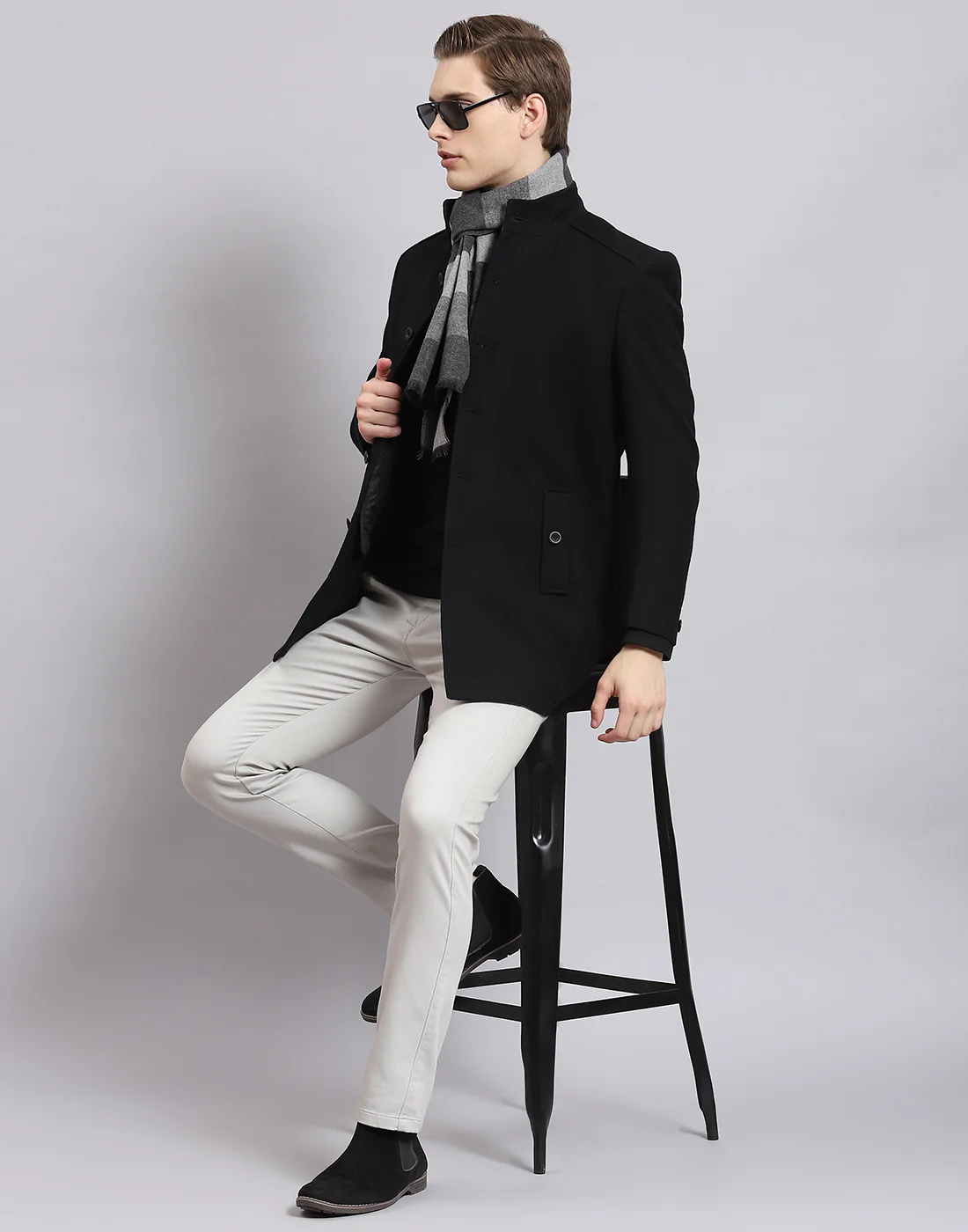 Men Black Solid Stand Collar Full Sleeve Coat - Image 7