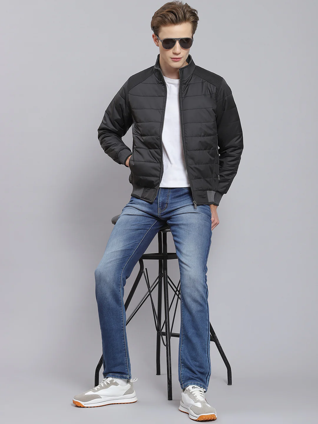Men Black Solid Stand Collar Full Sleeve Jacket - Image 2