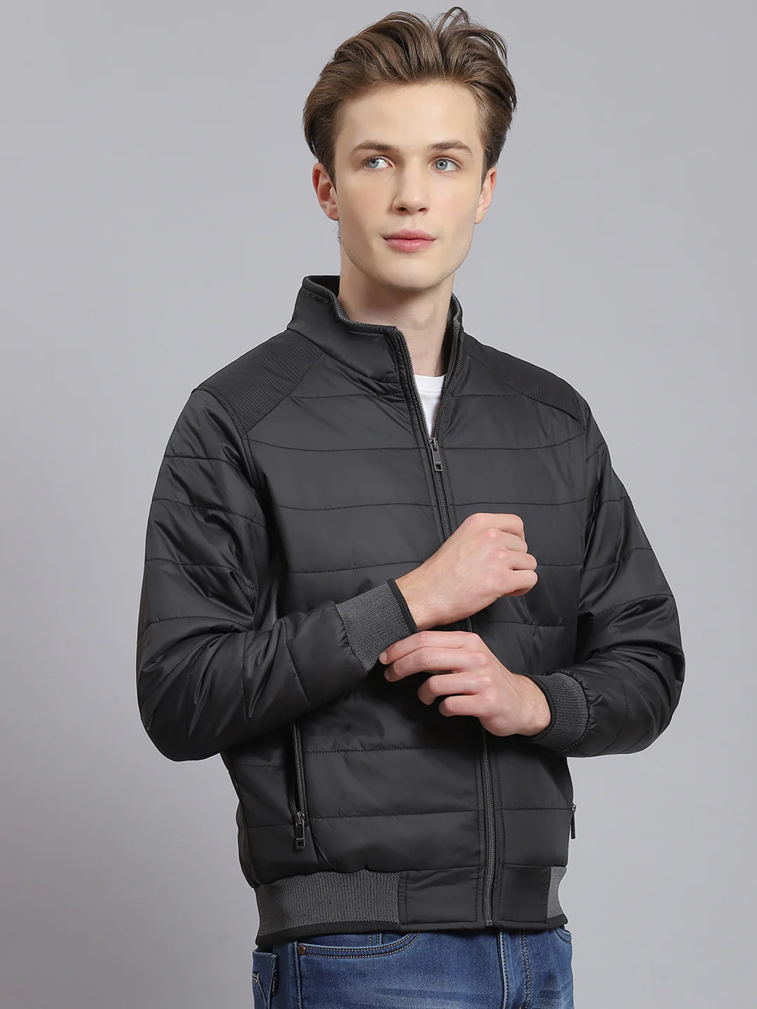 Men Black Solid Stand Collar Full Sleeve Jacket - Image 5