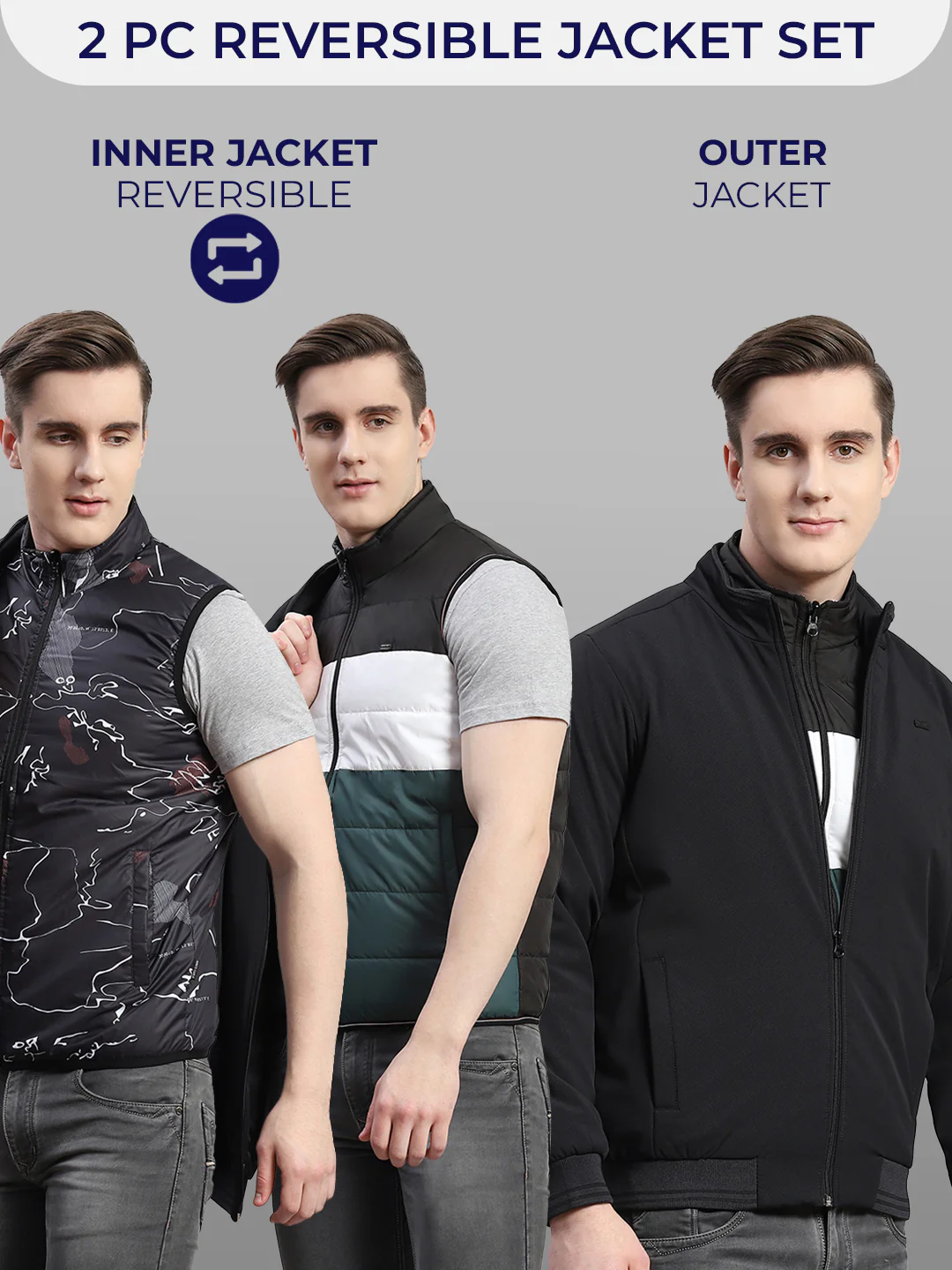 Men Black Solid Stand Collar Full Sleeve Reversible Jacket - 2 Pc set - Image 2
