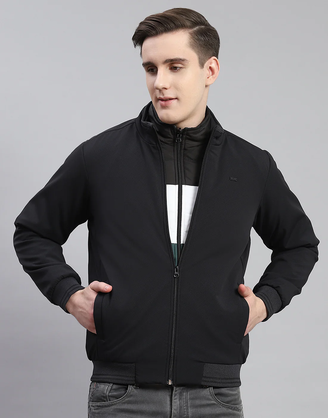 Men Black Solid Stand Collar Full Sleeve Reversible Jacket - 2 Pc set - Image 5