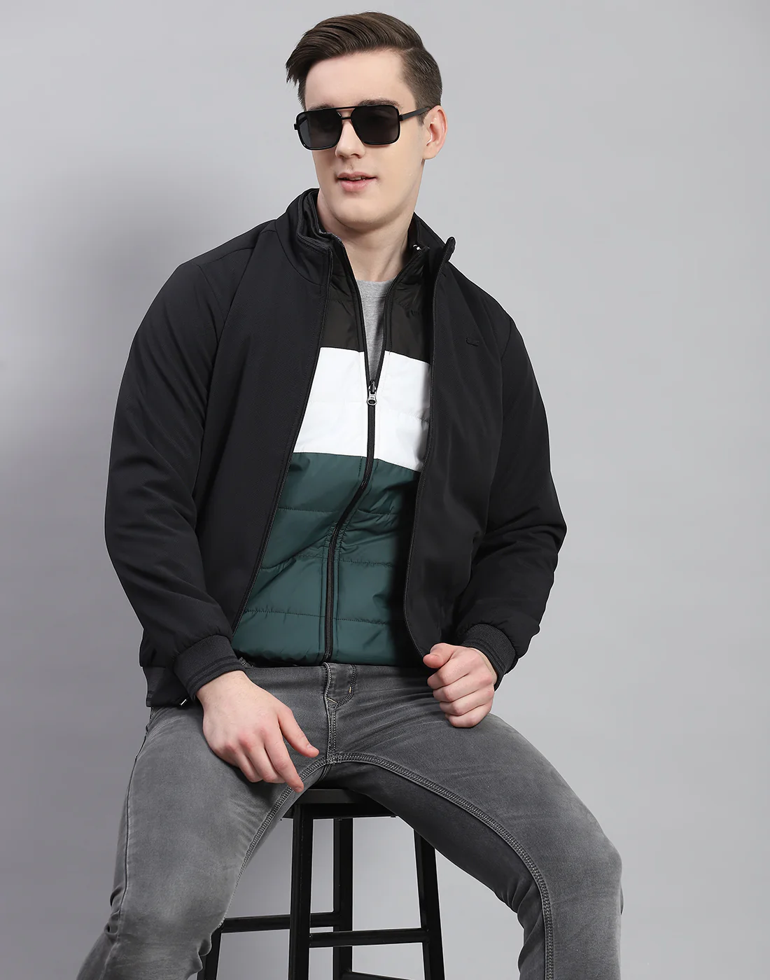 Men Black Solid Stand Collar Full Sleeve Reversible Jacket - 2 Pc set - Image 6