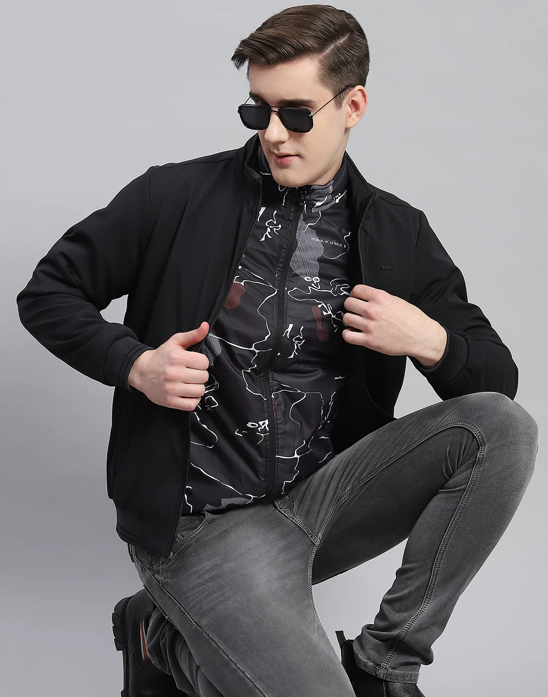Men Black Solid Stand Collar Full Sleeve Reversible Jacket - 2 Pc set - Image 8