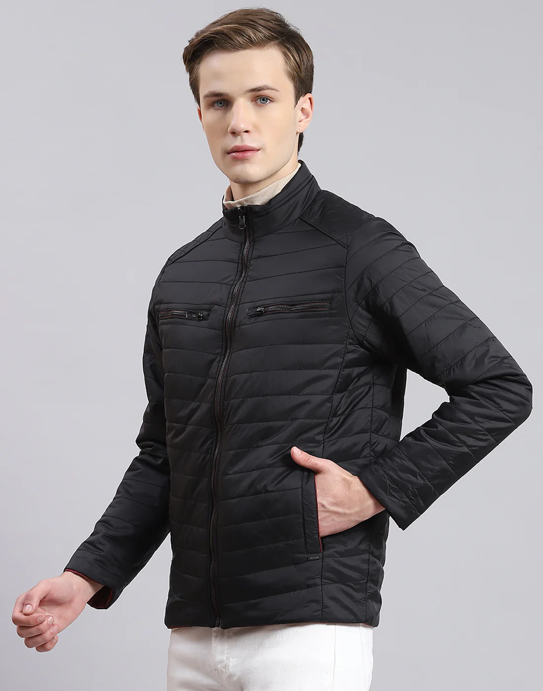 Men Black Solid Stand Collar Full Sleeve Jacket - Image 4