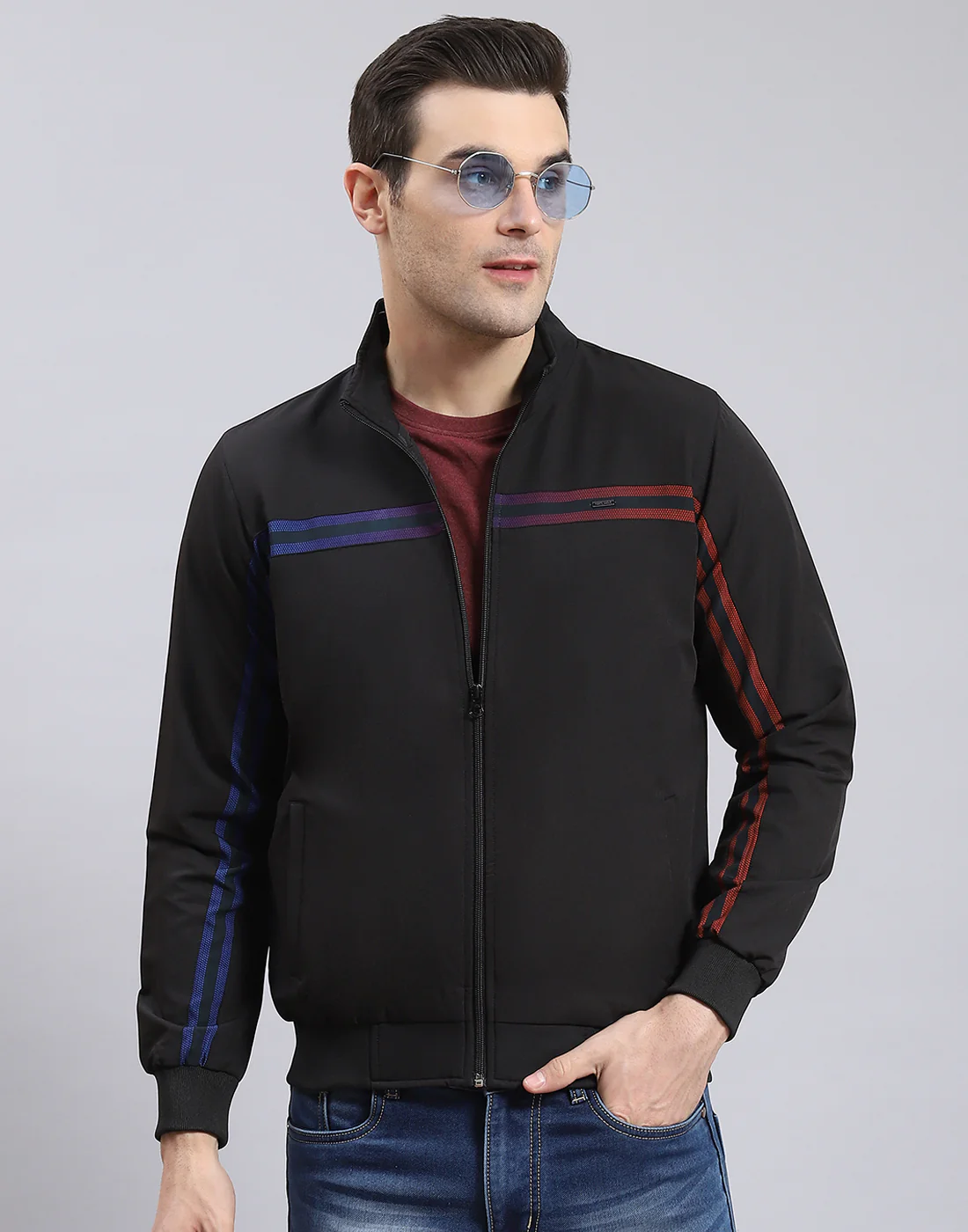 Men Black Solid Stand Collar Full Sleeve Jacket - Image 2