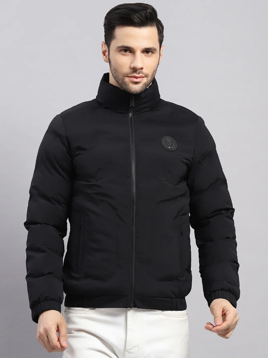 Men Black Solid Stand Collar Full Sleeve Jacket