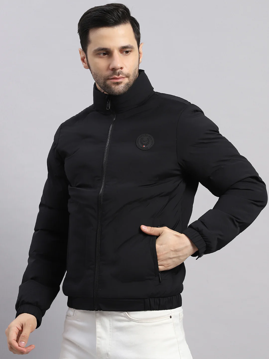 Men Black Solid Stand Collar Full Sleeve Jacket - Image 3