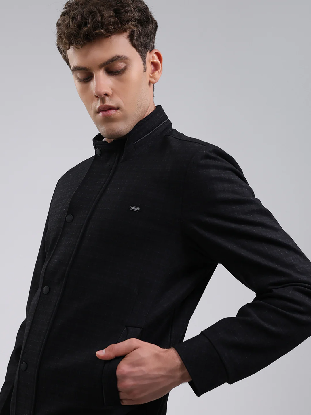 Men Black Solid Stand Collar Full Sleeve Jacket - Image 7