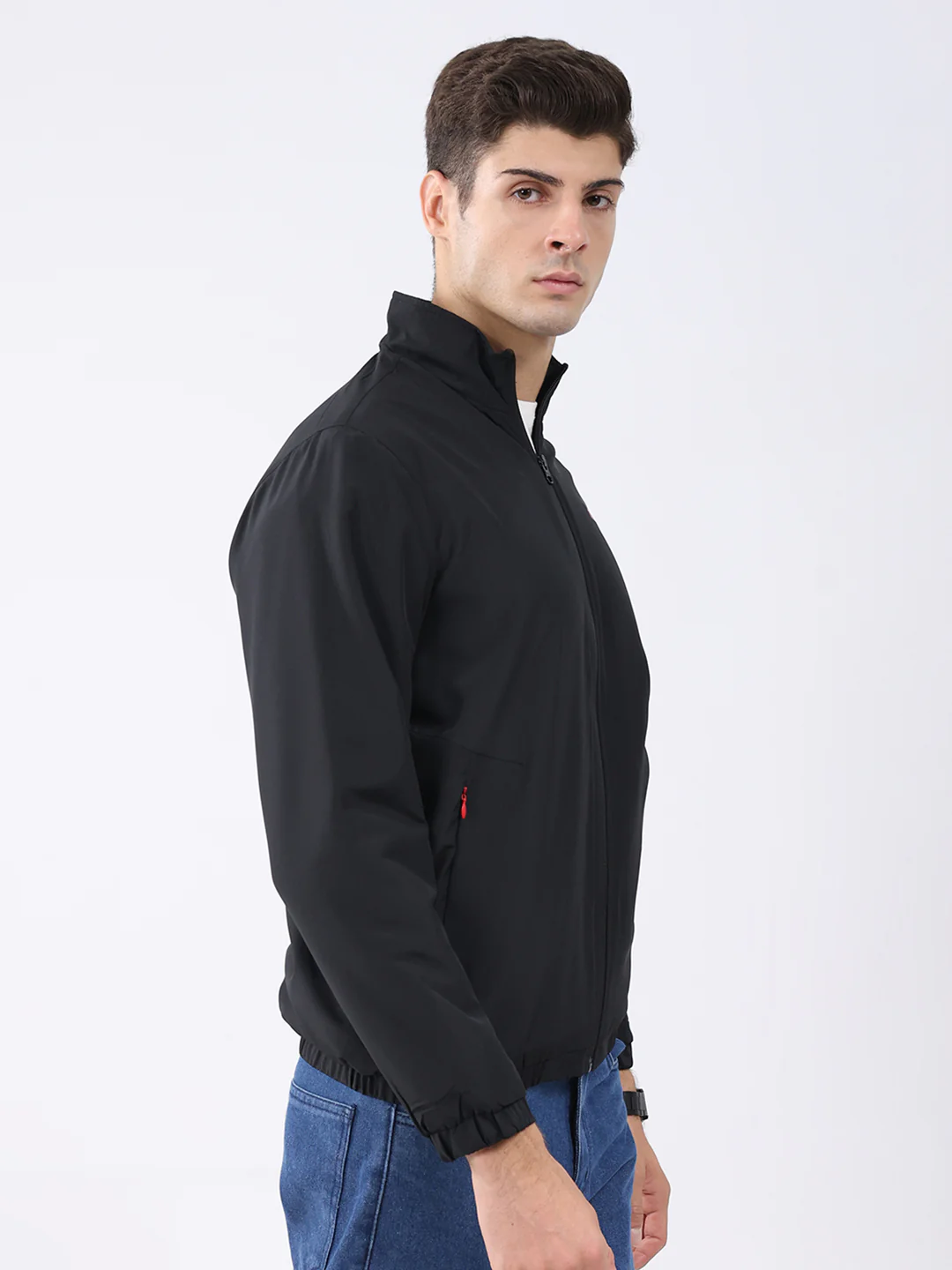 Men Black Solid Stand Collar Full Sleeve Jacket - Image 4