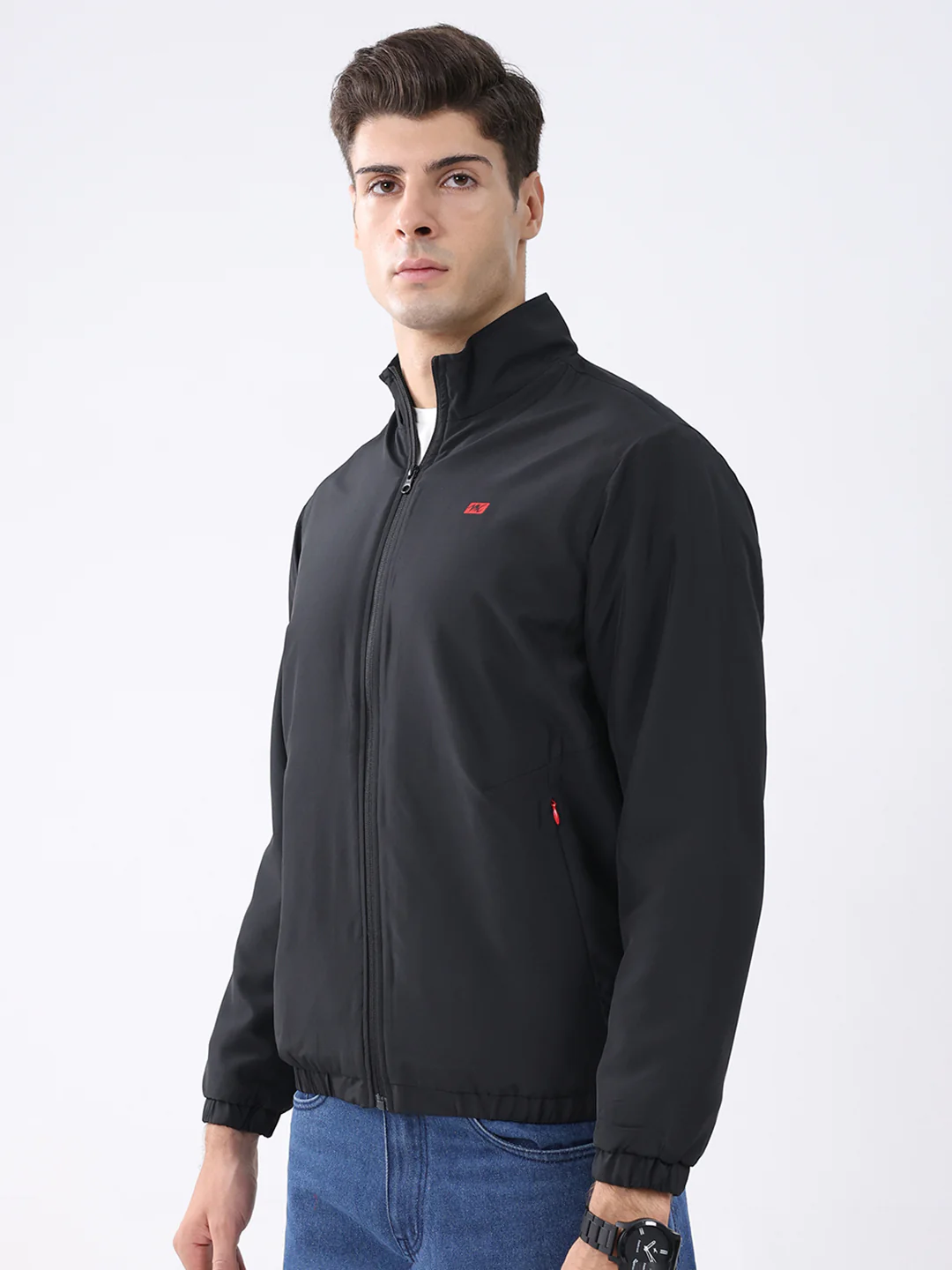 Men Black Solid Stand Collar Full Sleeve Jacket - Image 6