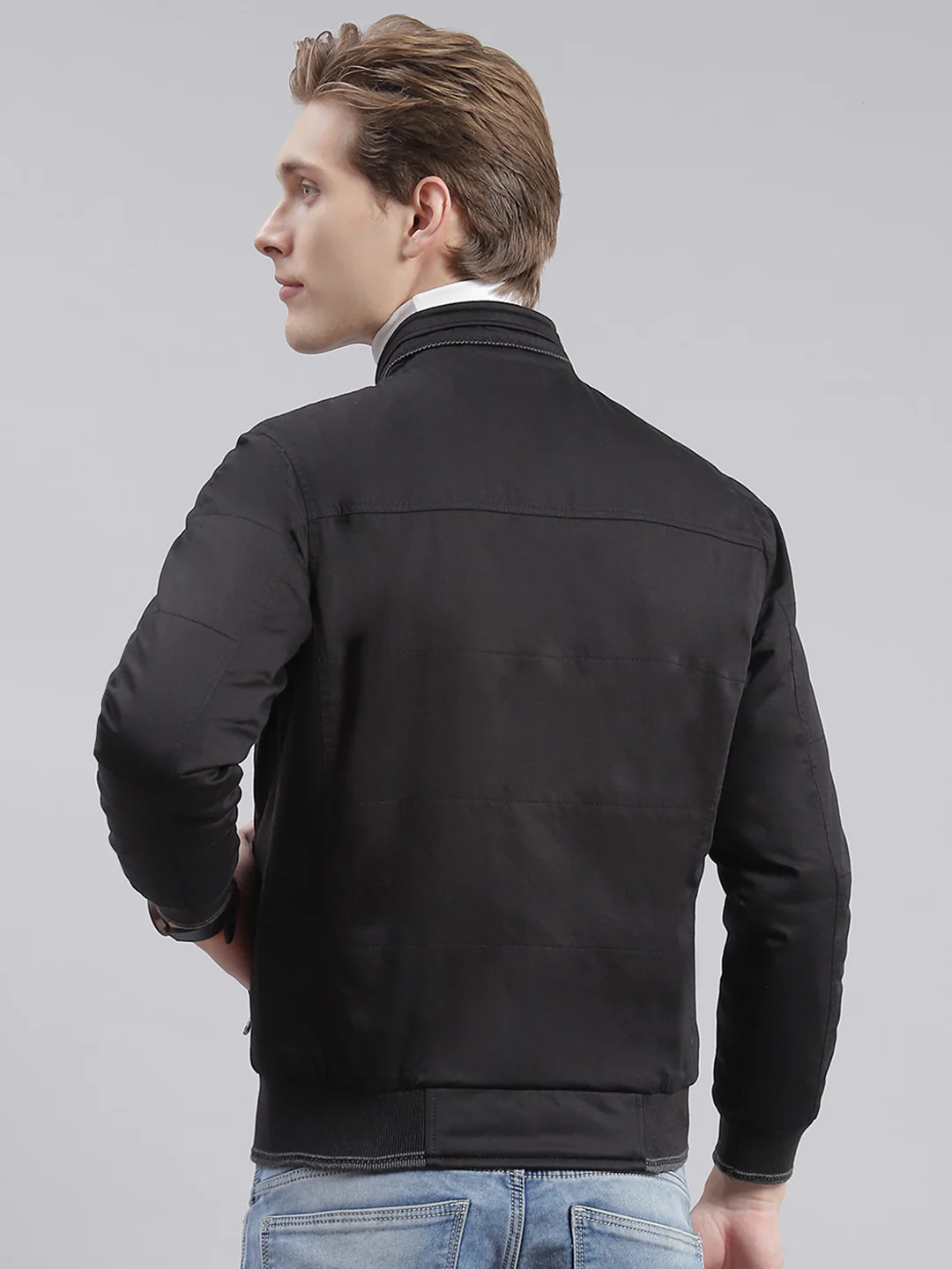Men Black Solid Stand Collar Full Sleeve Jackets - Image 3