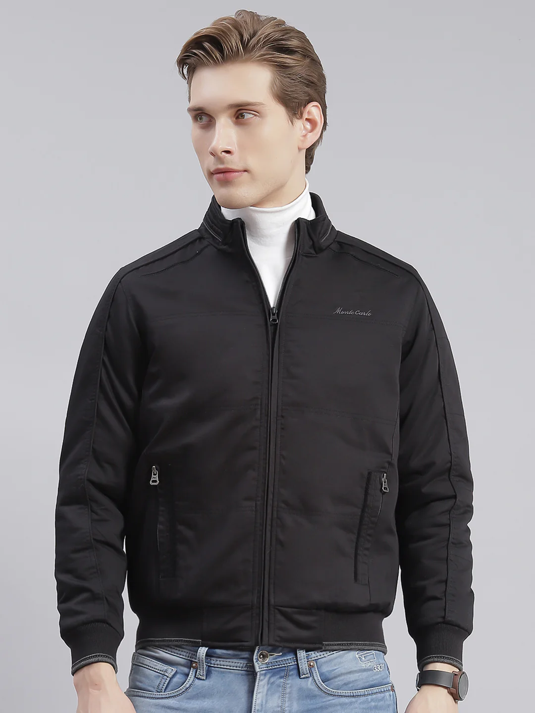 Men Black Solid Stand Collar Full Sleeve Jackets - Image 4