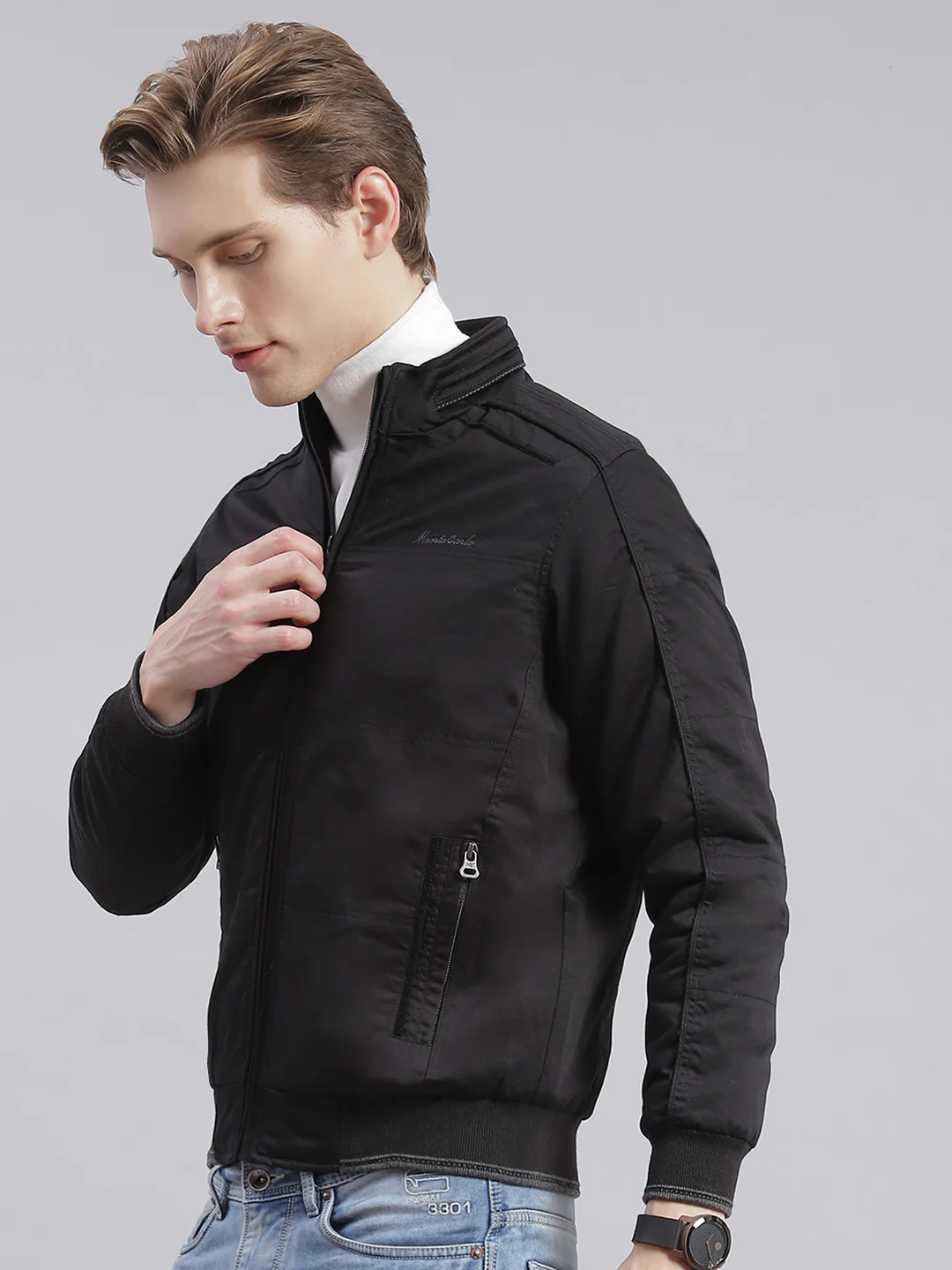 Men Black Solid Stand Collar Full Sleeve Jackets - Image 5