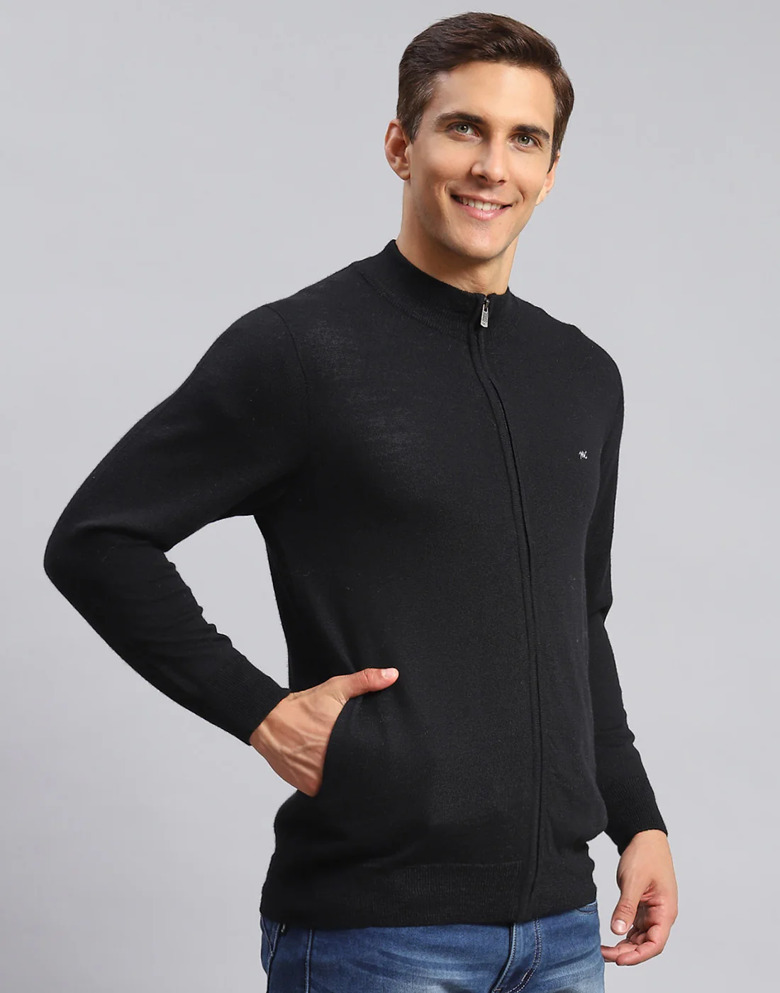Men Black Solid Stand Collar Full Sleeve Pullover - Image 4