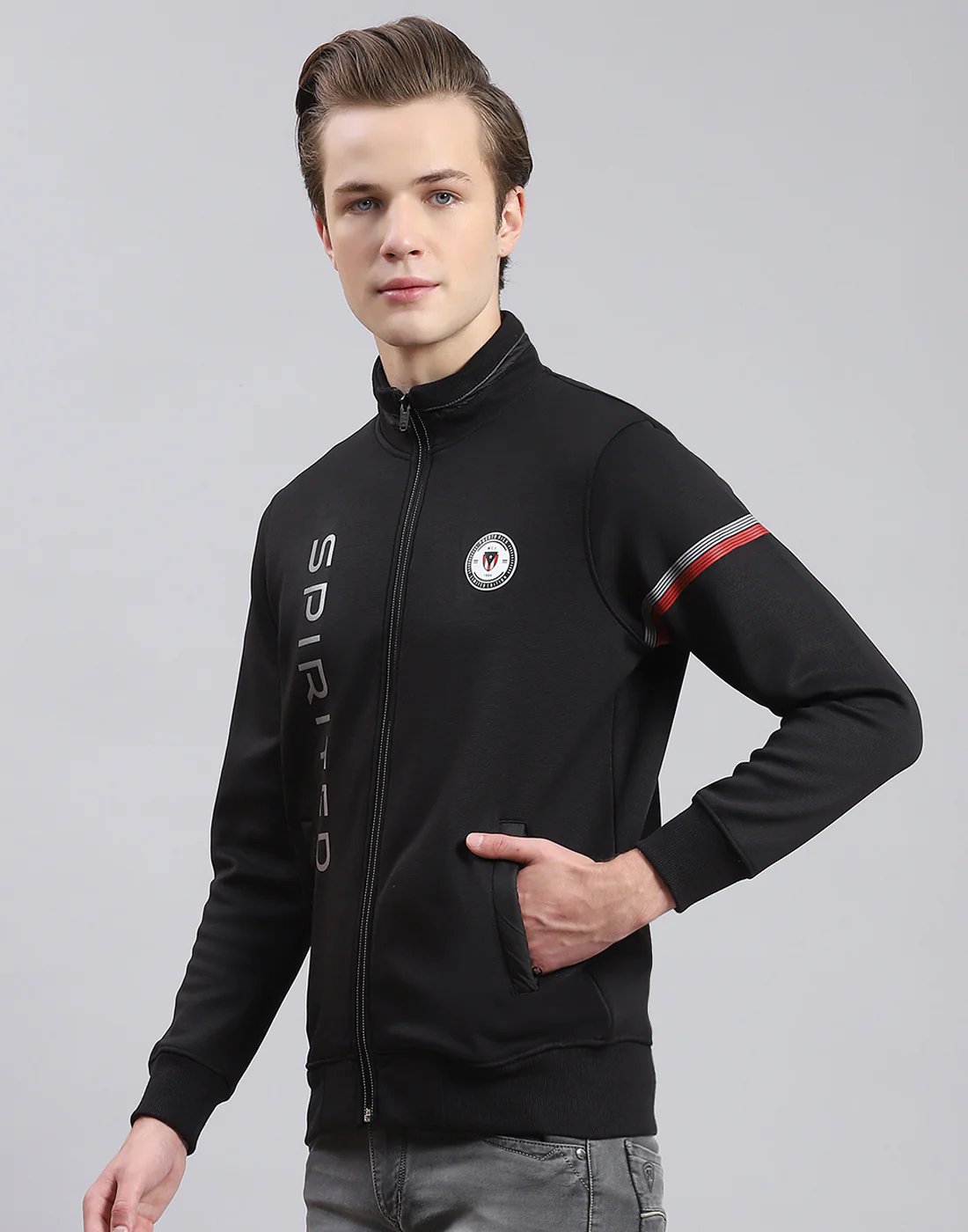 Men Black Solid Stand Collar Full Sleeve Sweatshirt - Image 3
