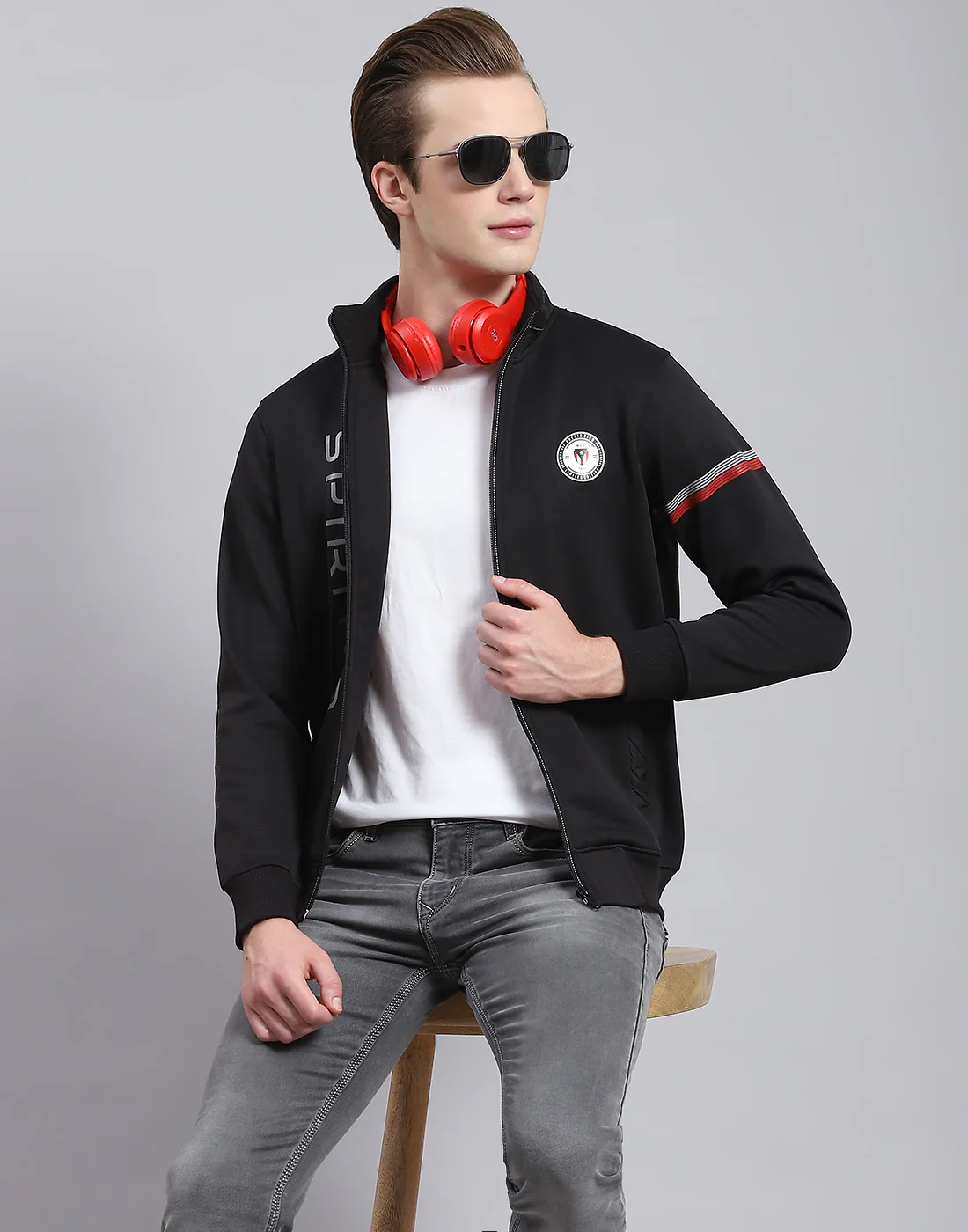 Men Black Solid Stand Collar Full Sleeve Sweatshirt - Image 6
