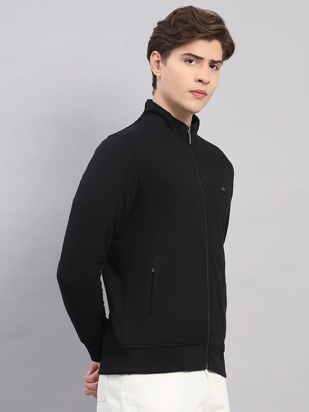 Men Black Solid Stand Collar Full Sleeve Sweatshirt - Image 4