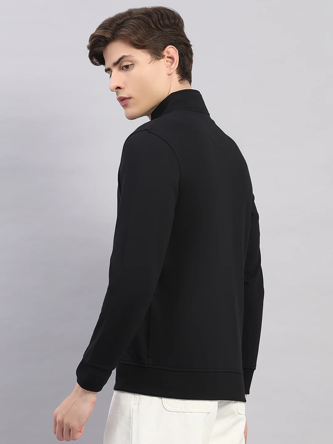 Men Black Solid Stand Collar Full Sleeve Sweatshirt - Image 5
