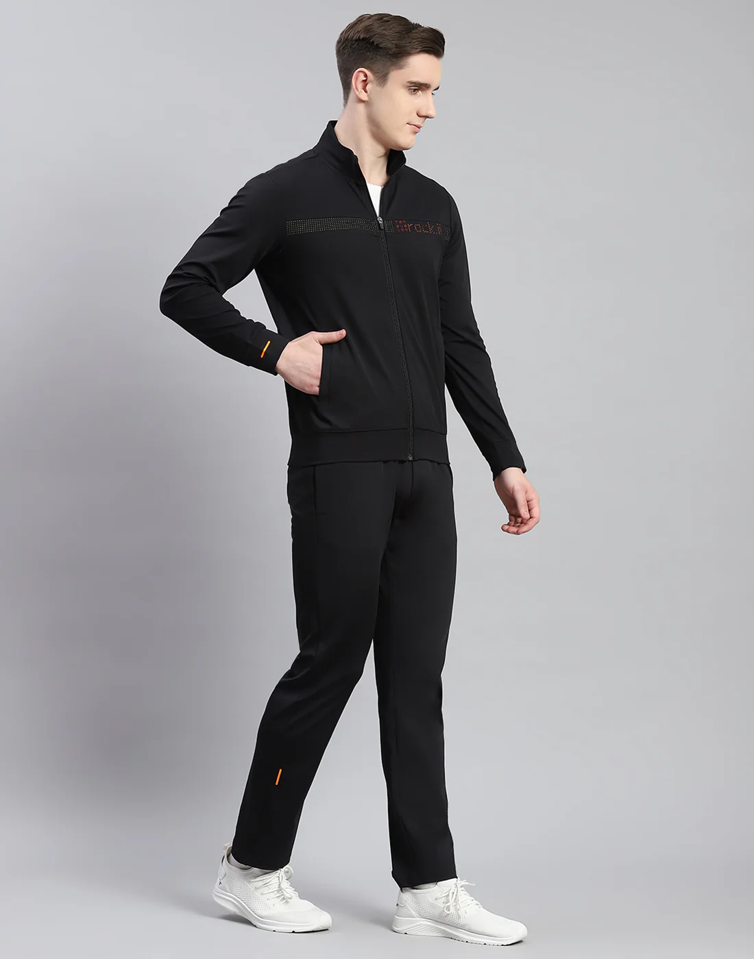 Rock.it Men Black Solid Stand Collar Full Sleeve Tracksuit - Image 4