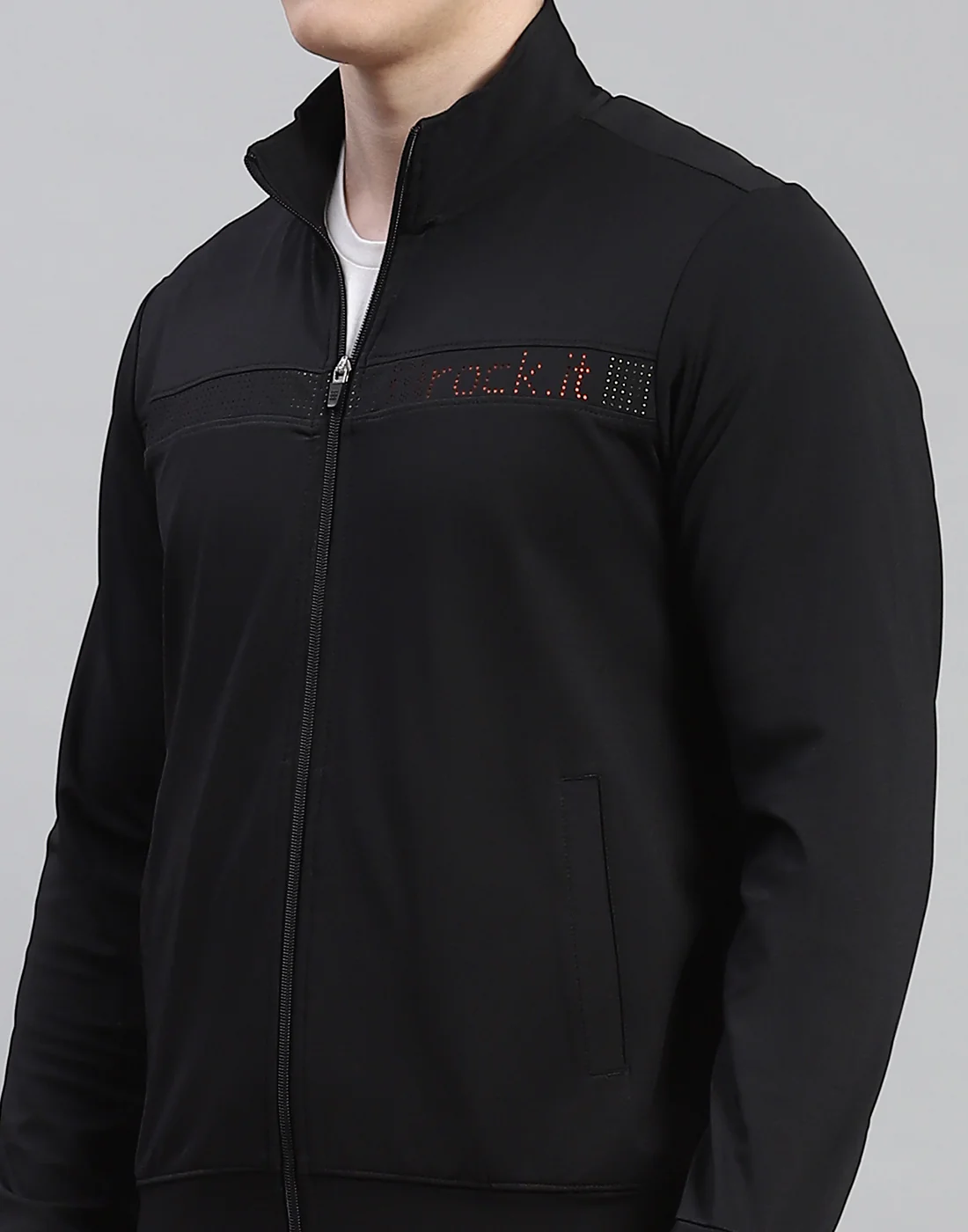 Rock.it Men Black Solid Stand Collar Full Sleeve Tracksuit - Image 6