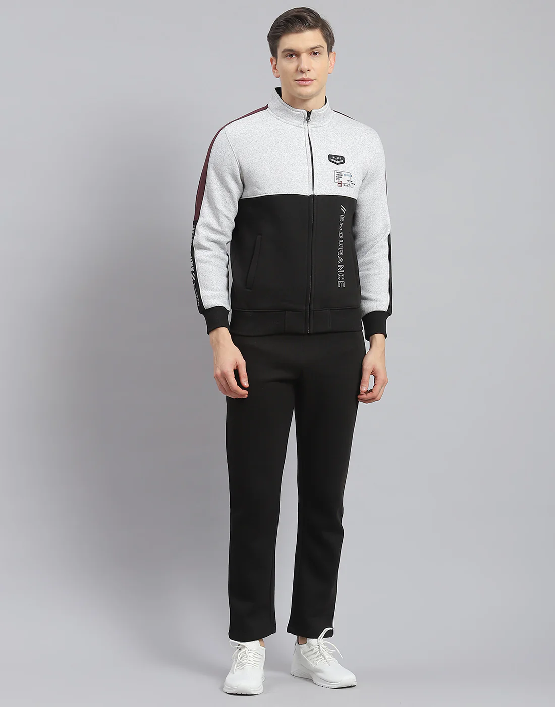 Men Black Solid Stand Collar Full Sleeve Tracksuit - Image 2