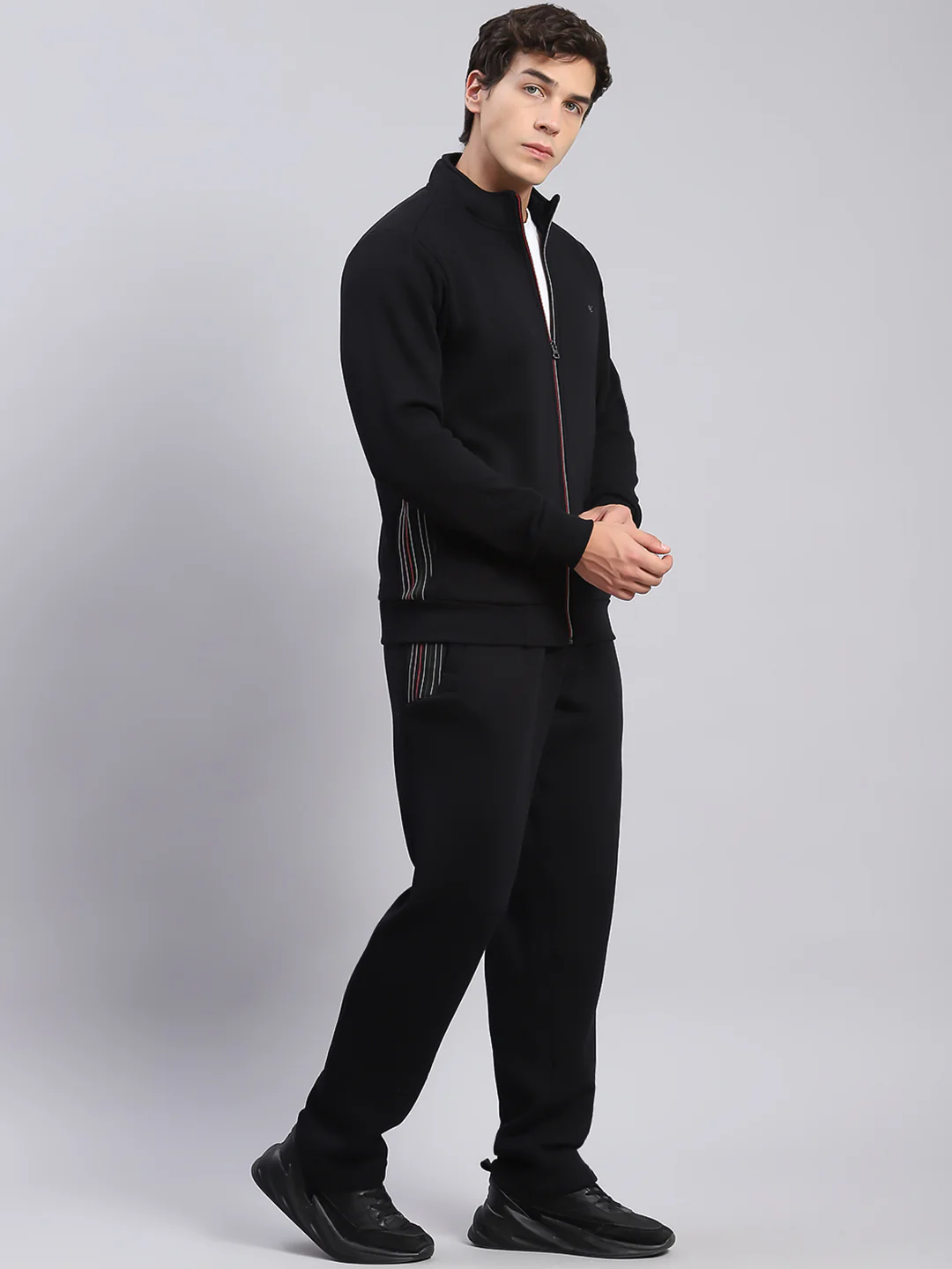 Men Black Solid Stand Collar Full Sleeve Tracksuits - Image 4
