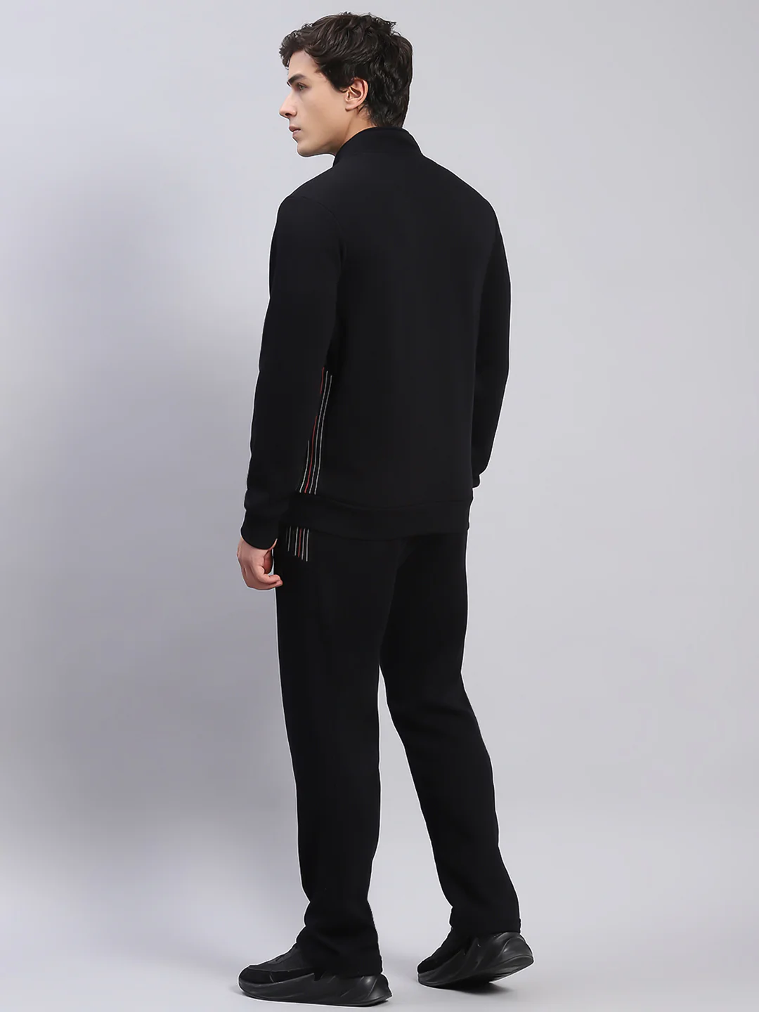 Men Black Solid Stand Collar Full Sleeve Tracksuits - Image 5
