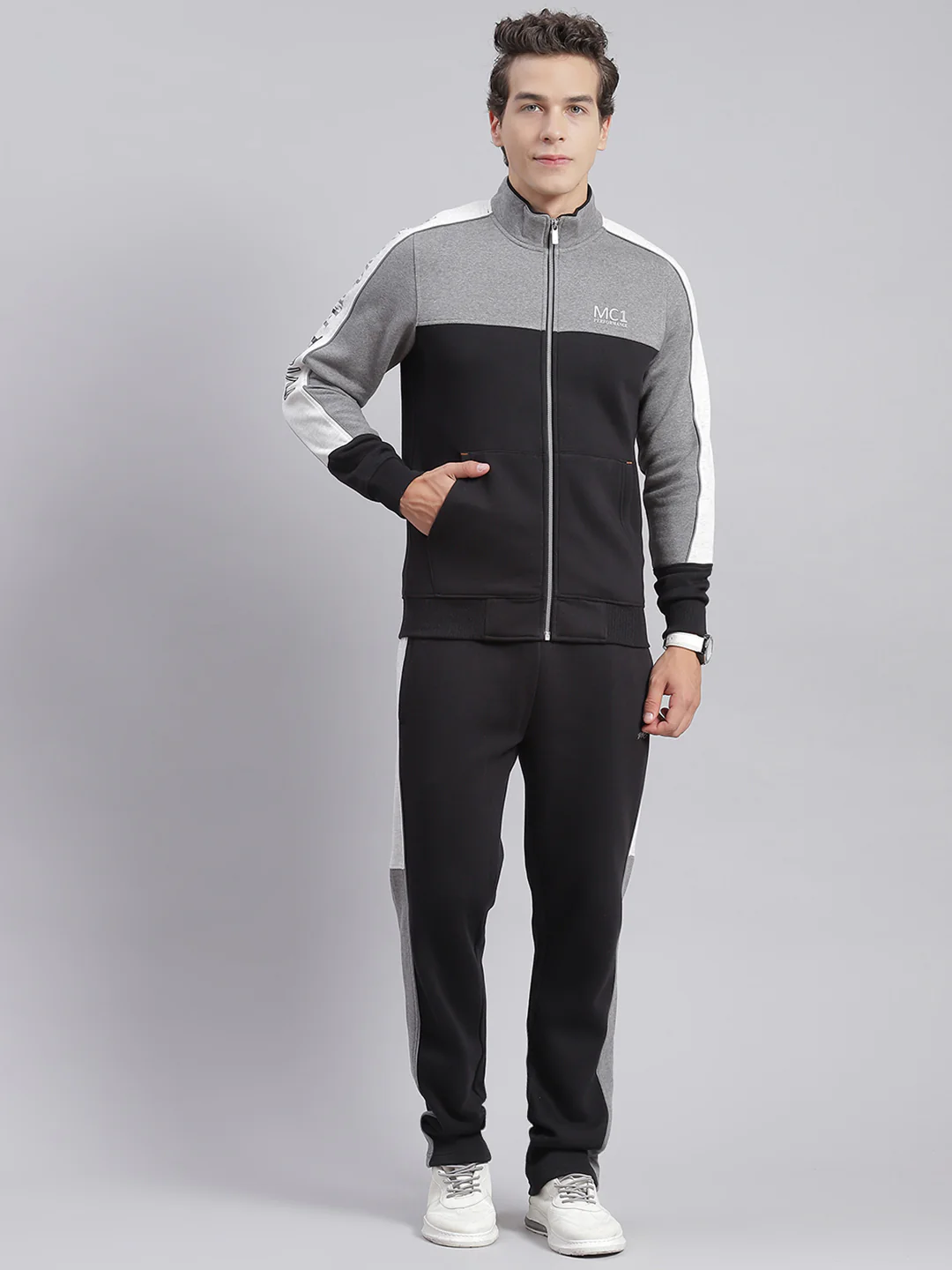 Men Black Solid Stand Collar Full Sleeve Tracksuits - Image 2