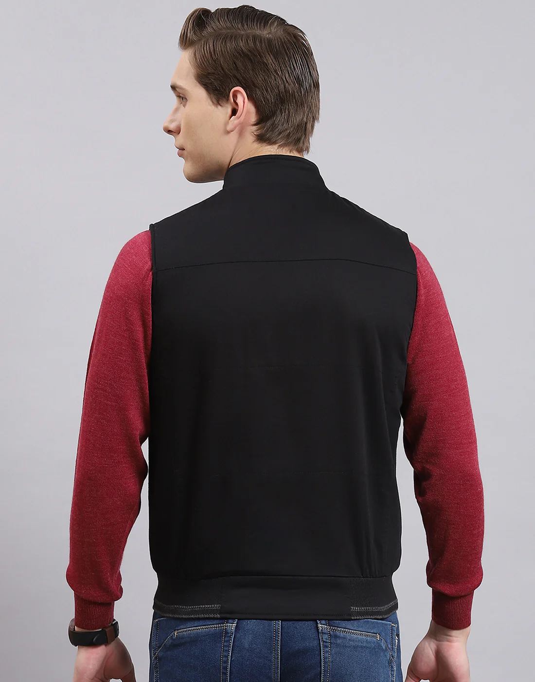 Men Black Solid Stand Collar Sleeveless Jacket - Image 6