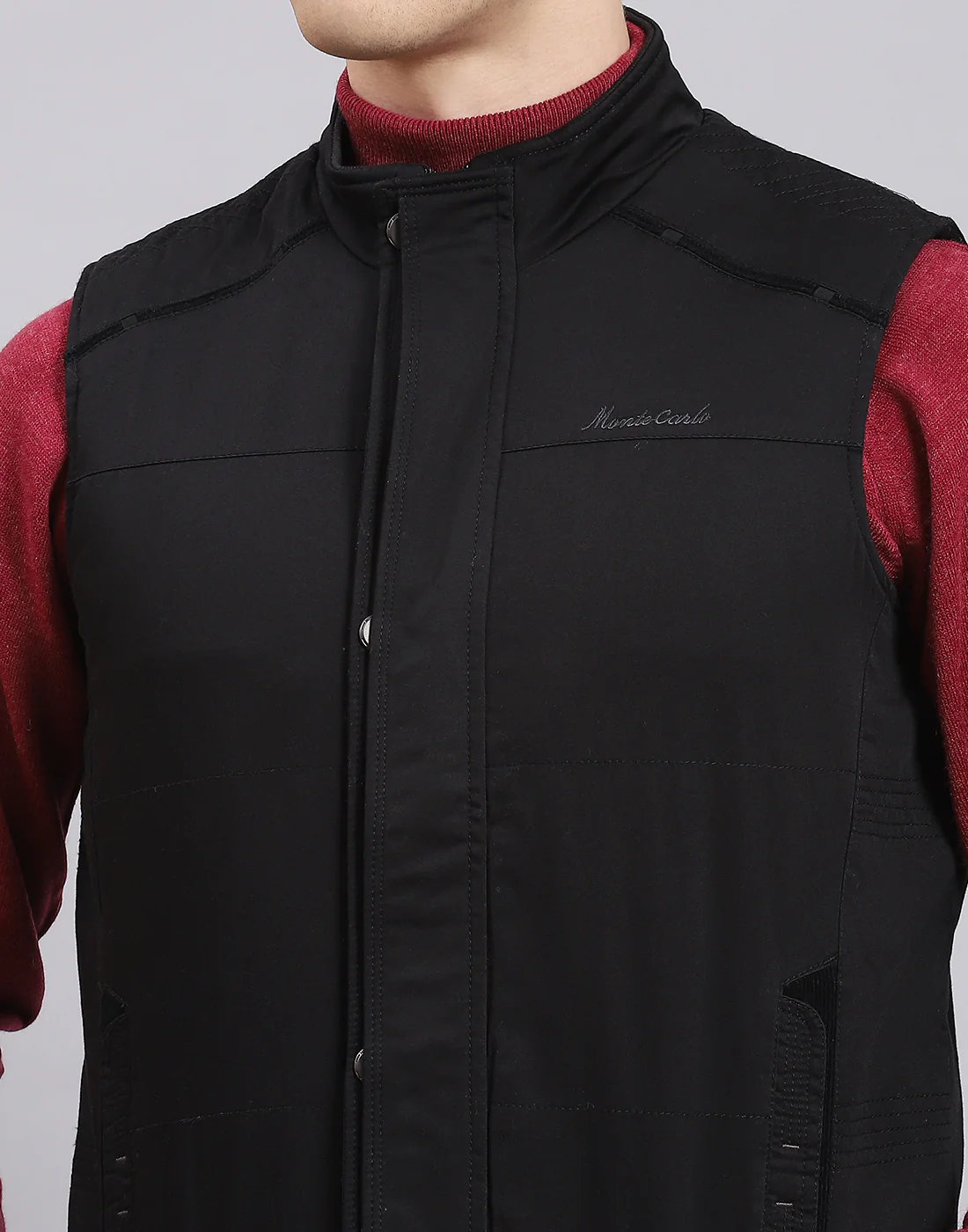 Men Black Solid Stand Collar Sleeveless Jacket - Image 7
