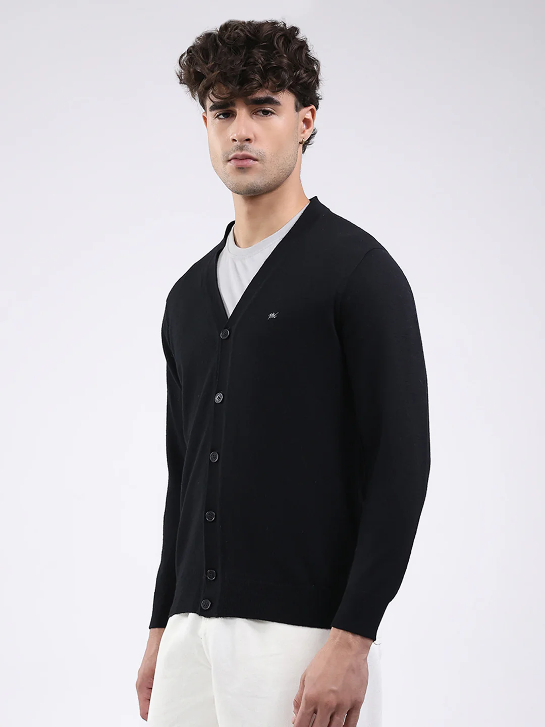 Men Black Solid V Neck Full Sleeve Cardigan - Image 3