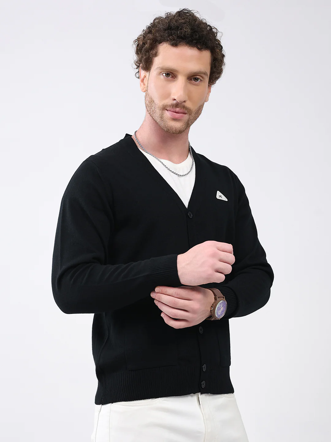 Men Black Solid V Neck Full Sleeve Cardigan - Image 4
