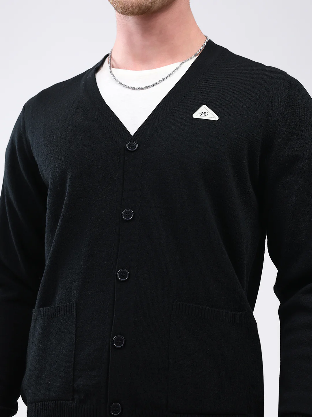Men Black Solid V Neck Full Sleeve Cardigan - Image 6