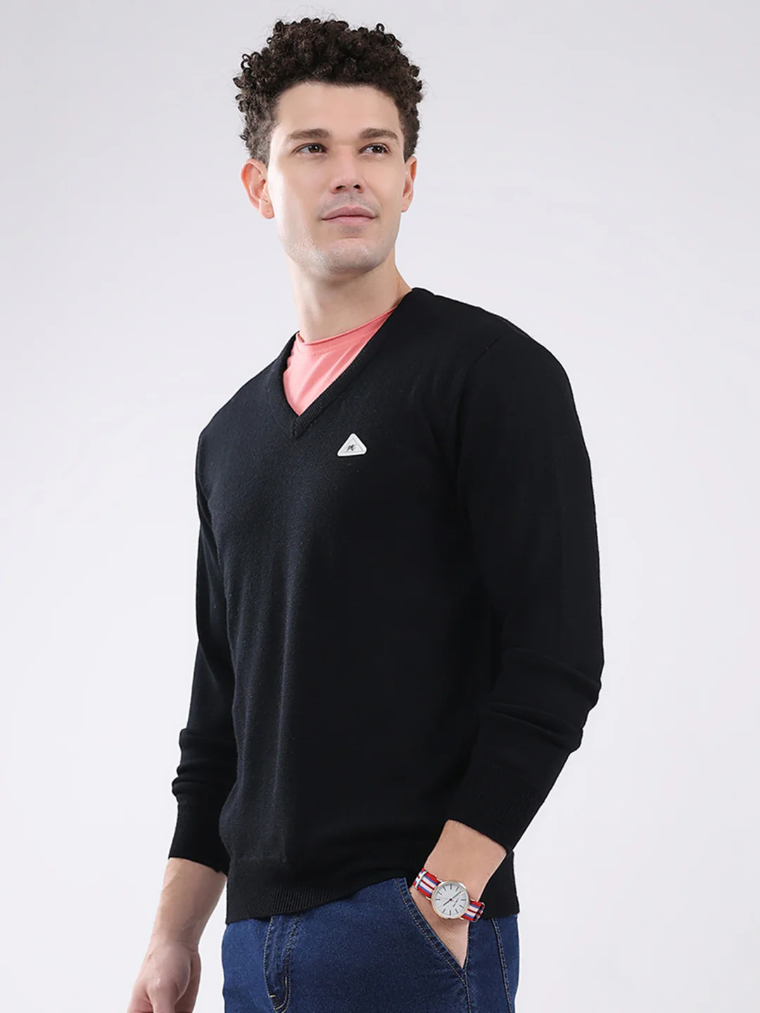 Men Black Solid V Neck Full Sleeve Pullover - Image 3