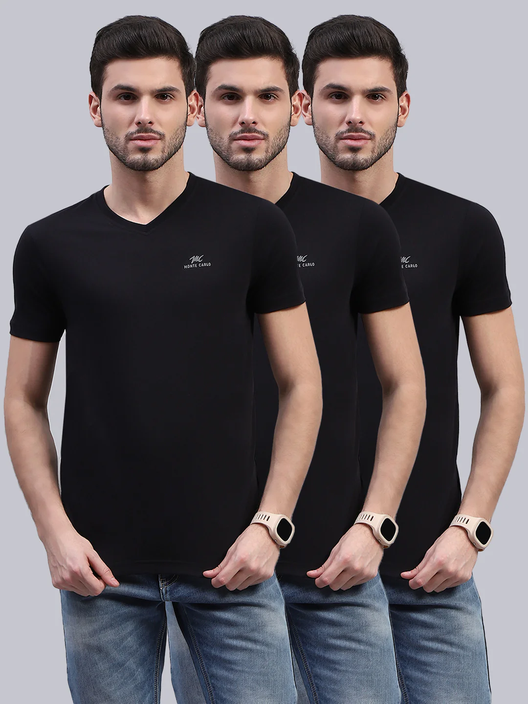 Men Black Solid V Neck Half Sleeve T-Shirt (Pack of 3) - Image 2