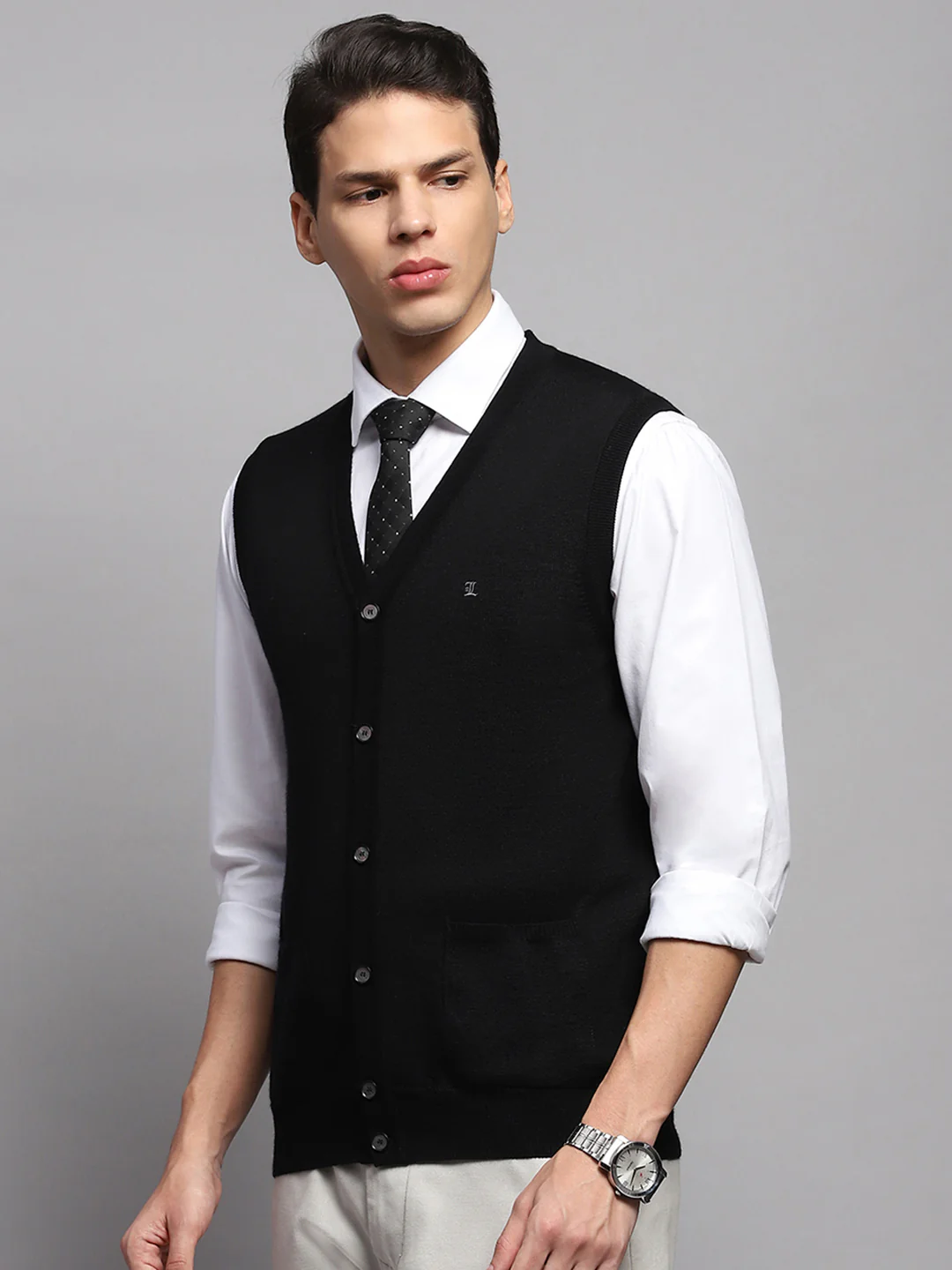 Men Black Solid V Neck Sleeveless Cardigan - Image 3